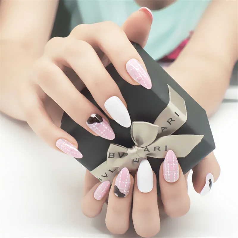 Stiletto False Nails with Designs Full Cover Pink Fake Nail Tips Fuax Ongles Women Decorated Art | Красота и здоровье
