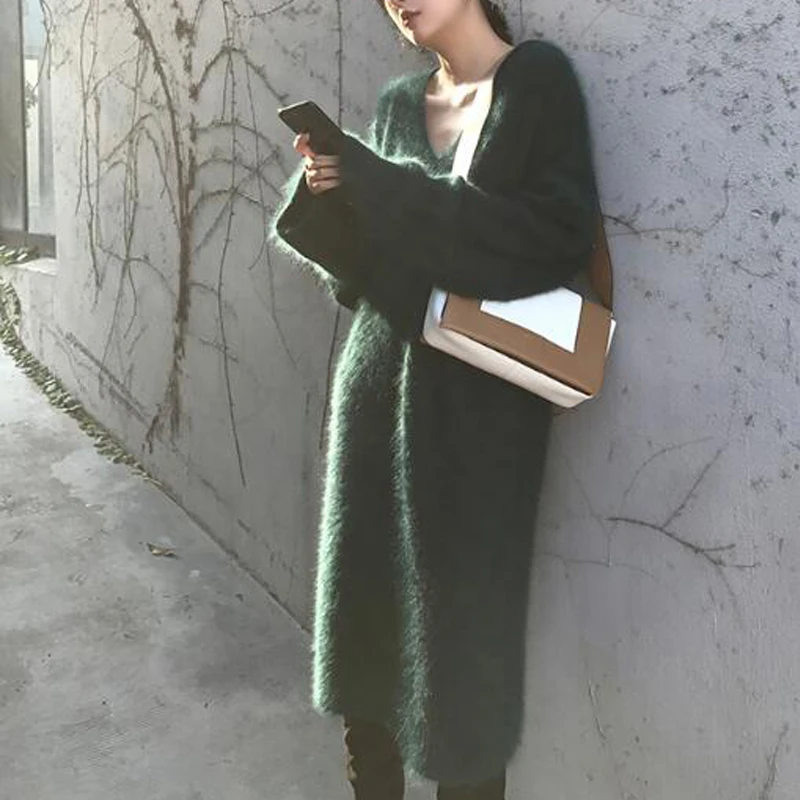 Женское длинное платье-свитер с V-образным вырезом | Женская одежда