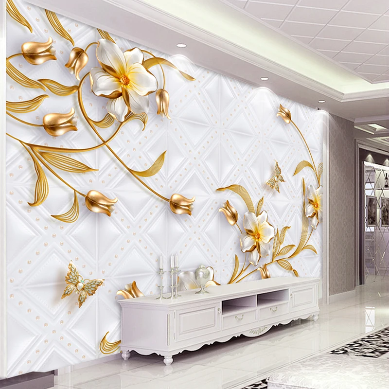 

Custom 3D Wall Murals Wallpaper Luxury European Style 3D Stereo Relief Flower Gold Jewelry Wallpaper Wall Coverings Living Room