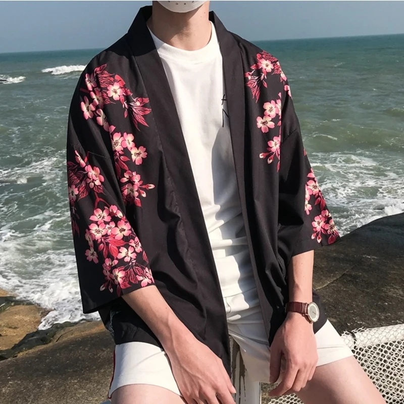 Кимоно мужское черное японское костюм самурая юката хаори уличная одежда жакет