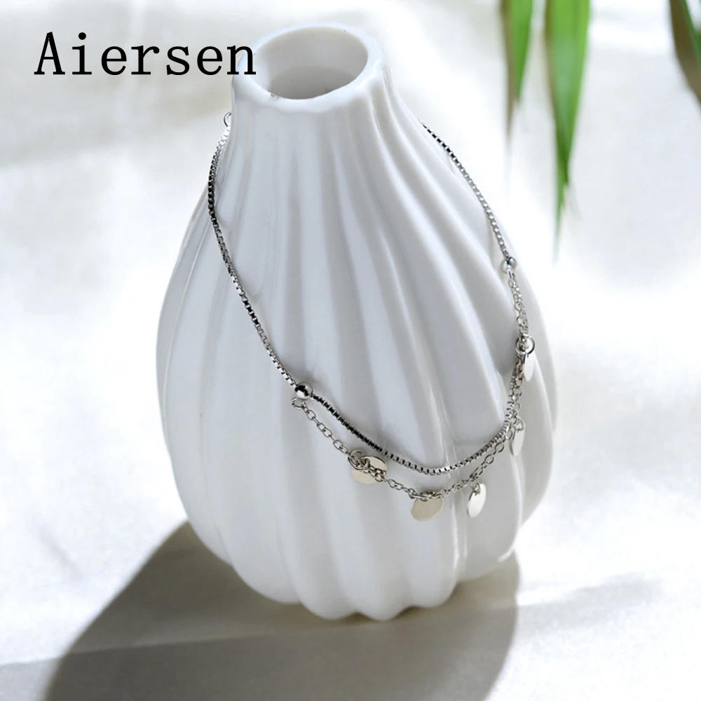 Aiersen S925 Серебряный ножной браслет Для женщин двухслойной вафли личность гладкая