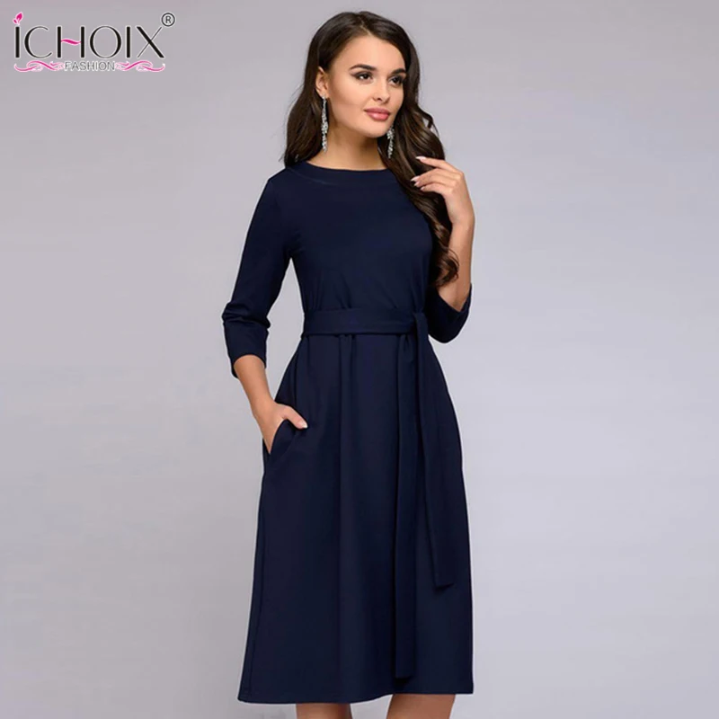 Осень Для женщин платье 2019 Твердые длинным рукавом карманов элегантная деловая