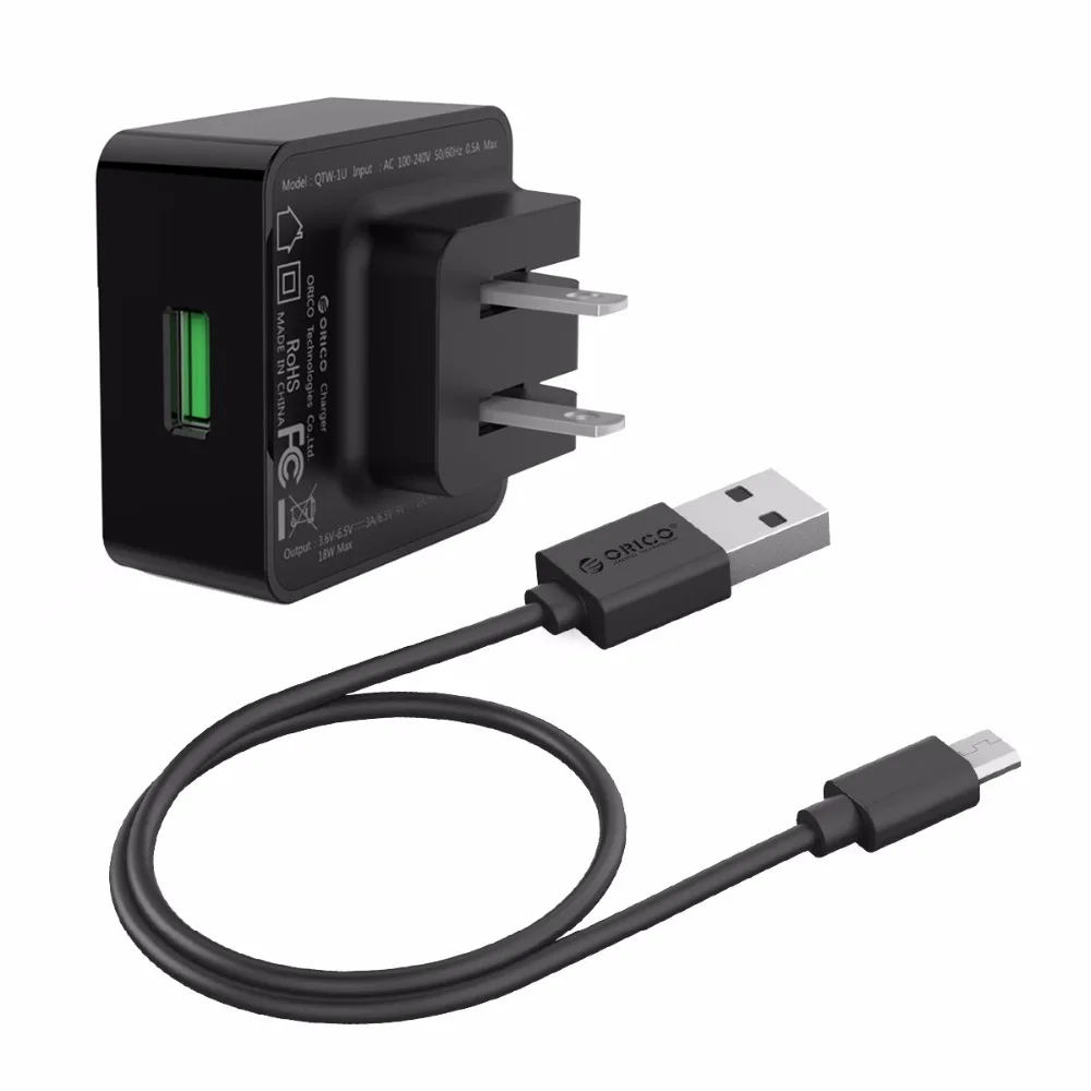 ORICO QC зарядное устройство для телефона Quick Charge 3,0 18 Вт Быстрое USB зарядное устройство для iPhone XS samsung S10+ Xiaomi huawei с бесплатным микро USB кабелем