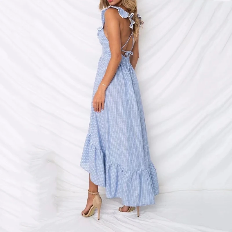 Летнее платье сарафан женское сексуальное богемное в полоску гофрированное v