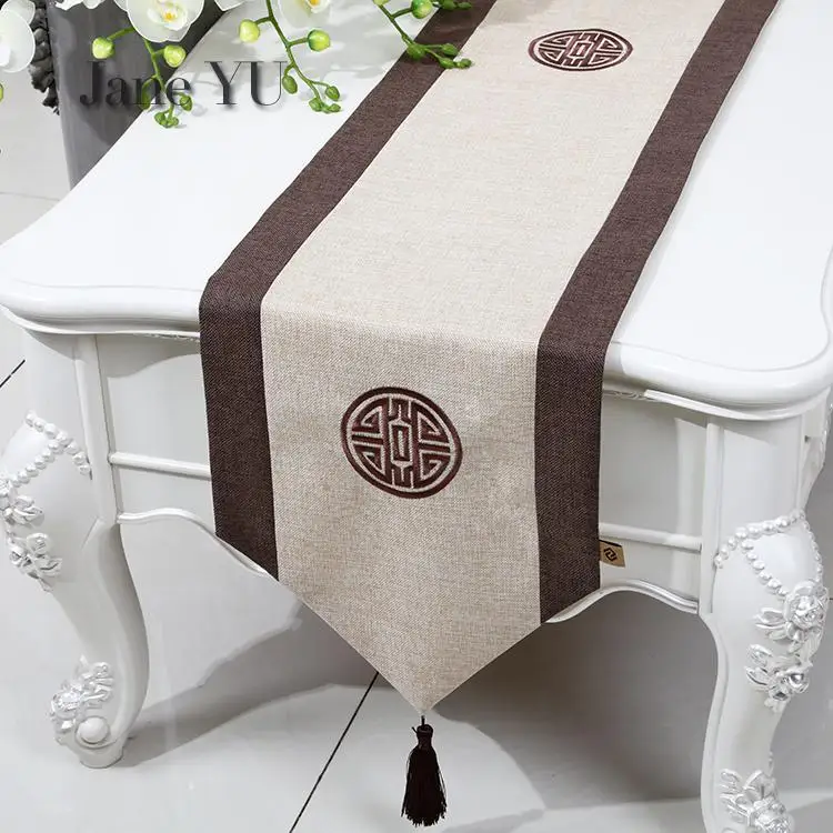 

JaneYU Table Flag New Chinese Modern Simple Style Classical Restoration Classical Tea Table Cloth Art Embroidery Hemp Table Flag