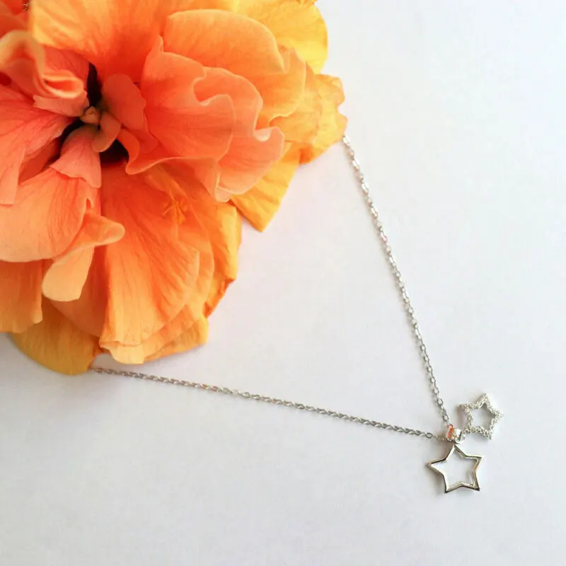 Женское ожерелье из серебра 925 пробы с подвеской в виде двух звезд|fine jewelry|necklace