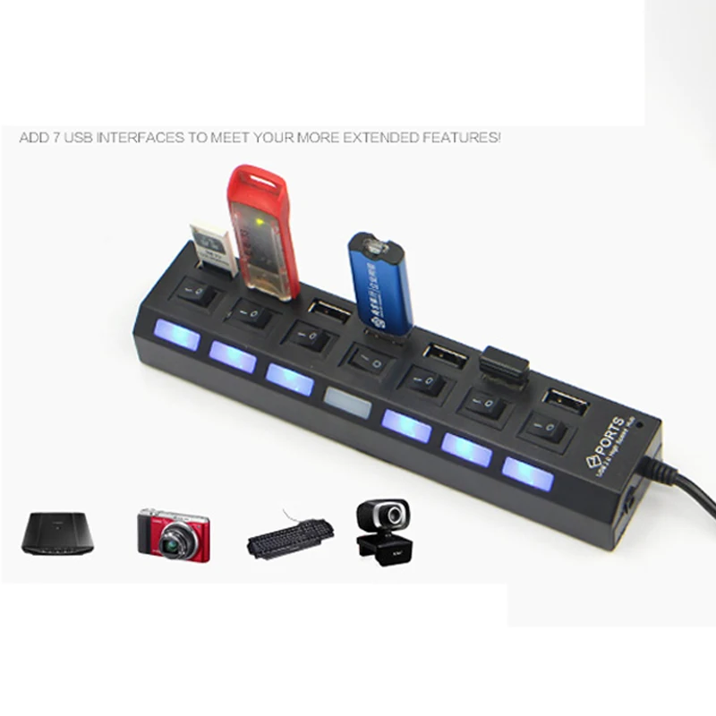 7 портов высокоскоростной usb-хаб 480 Мбит/с USB 2,0 Hab Переключатель ВКЛ/ВЫКЛ концентратор USB разветвитель для ПК ноутбук компьютер периферийные устройства Аксессуары