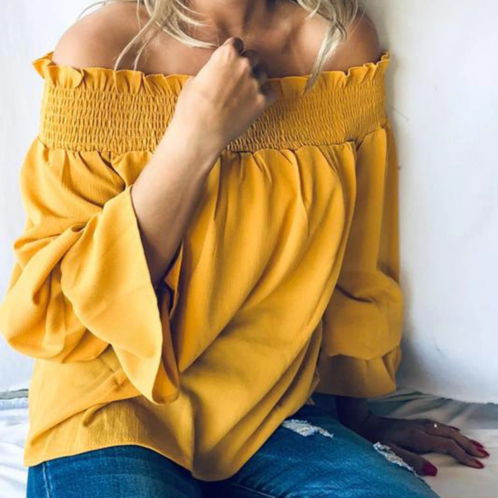 Женская шифоновая блузка LIVAGIRL 2019 с длинным рукавом и воротником-лодочкой модная