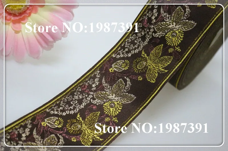 

5yards/lot wide 6cm Woven Jacquard Ribbon brown background gold flowers pattern curtain and clothing accessory LS-5510