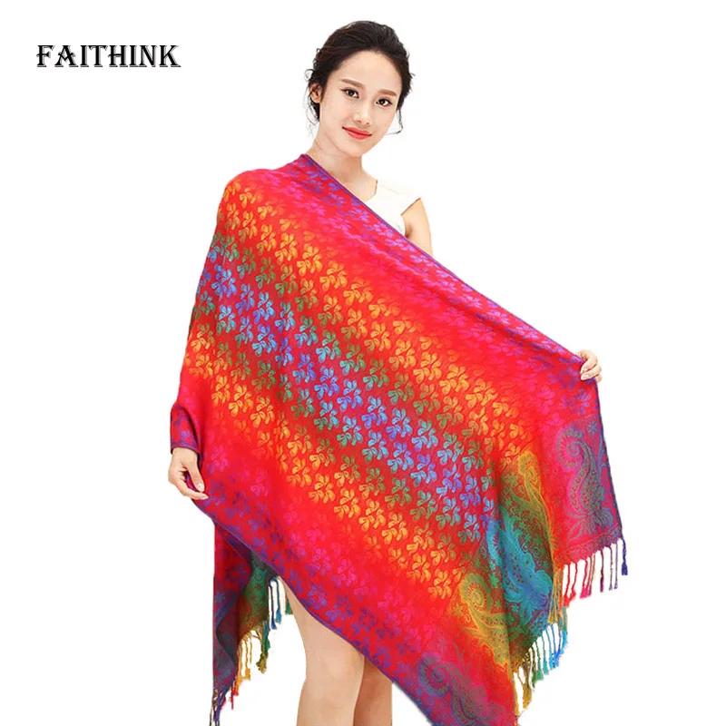 [FAITHINK] из Индии Женская Этническая шаль пашмины накидка с цветочным рисунком