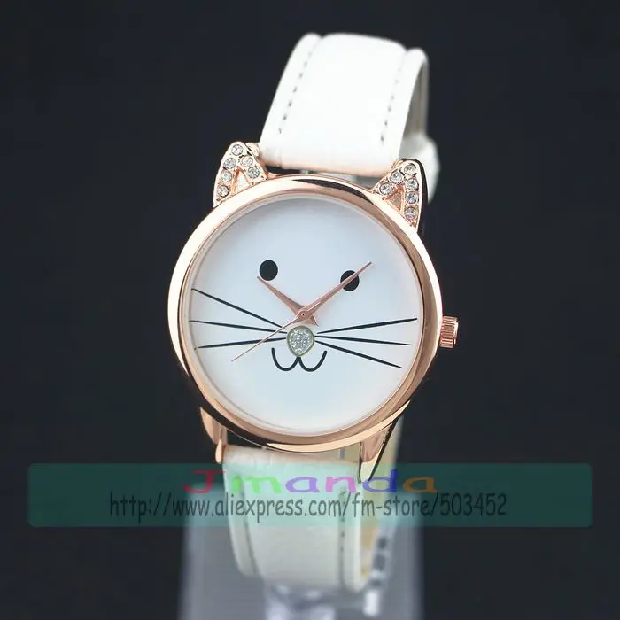 100 шт./лот Новое поступление розовое золото корпус Хрустальные Часы милый кот