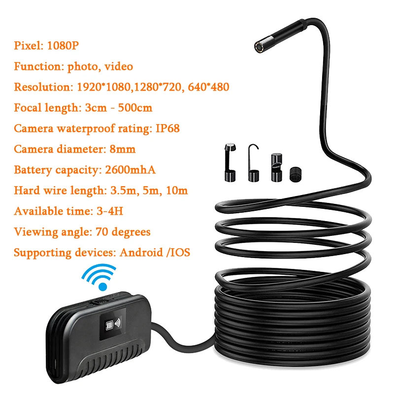 Spetu автофокусом 2MP CMOS 1080 P HD Водонепроницаемый Wi-Fi трубы телефото эндоскопа мини бороскоп камера для осмотра внутренней поверхности для IOS/Android