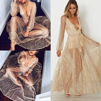 Женское длинное вечернее платье макси с блестками длинным рукавом и глубоким