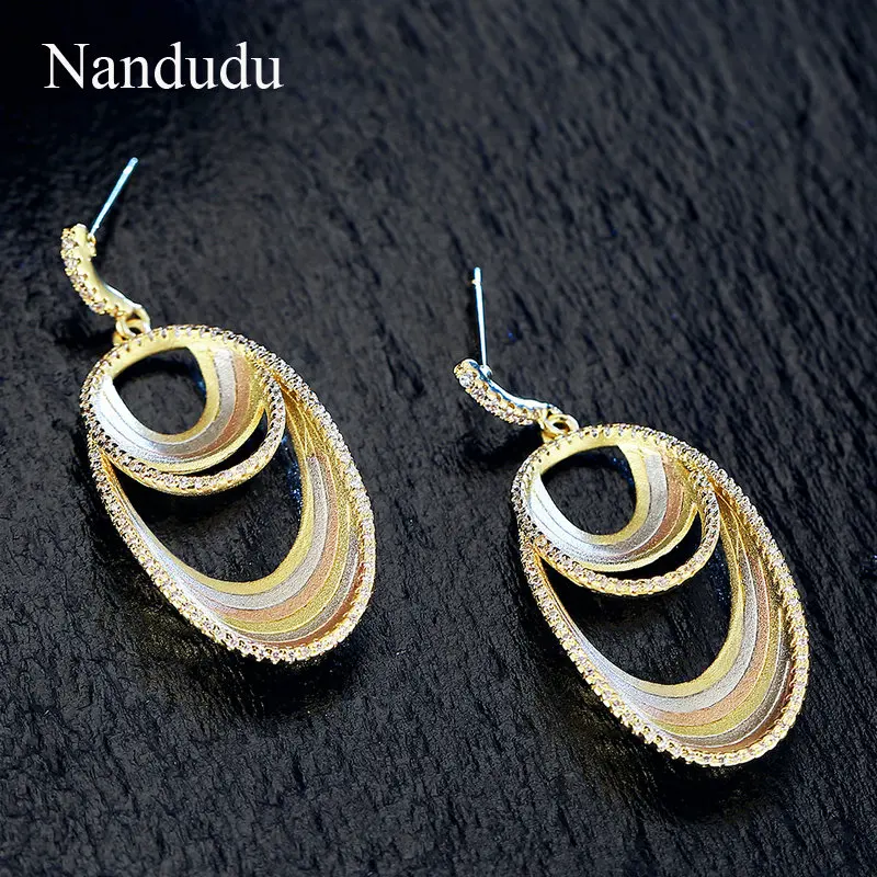 Nandudu Three tones AAA Cubic Zirconia Matte Brass Brincos Dangles Earring Elegant Celebrity Water Drop Earrings for Women CE466 | Украшения