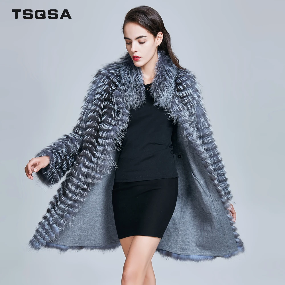 TSQSA Женщины Настоящее Silver Fox Шубы Натуральный Мех Зимняя Мода Полосатые Куртки