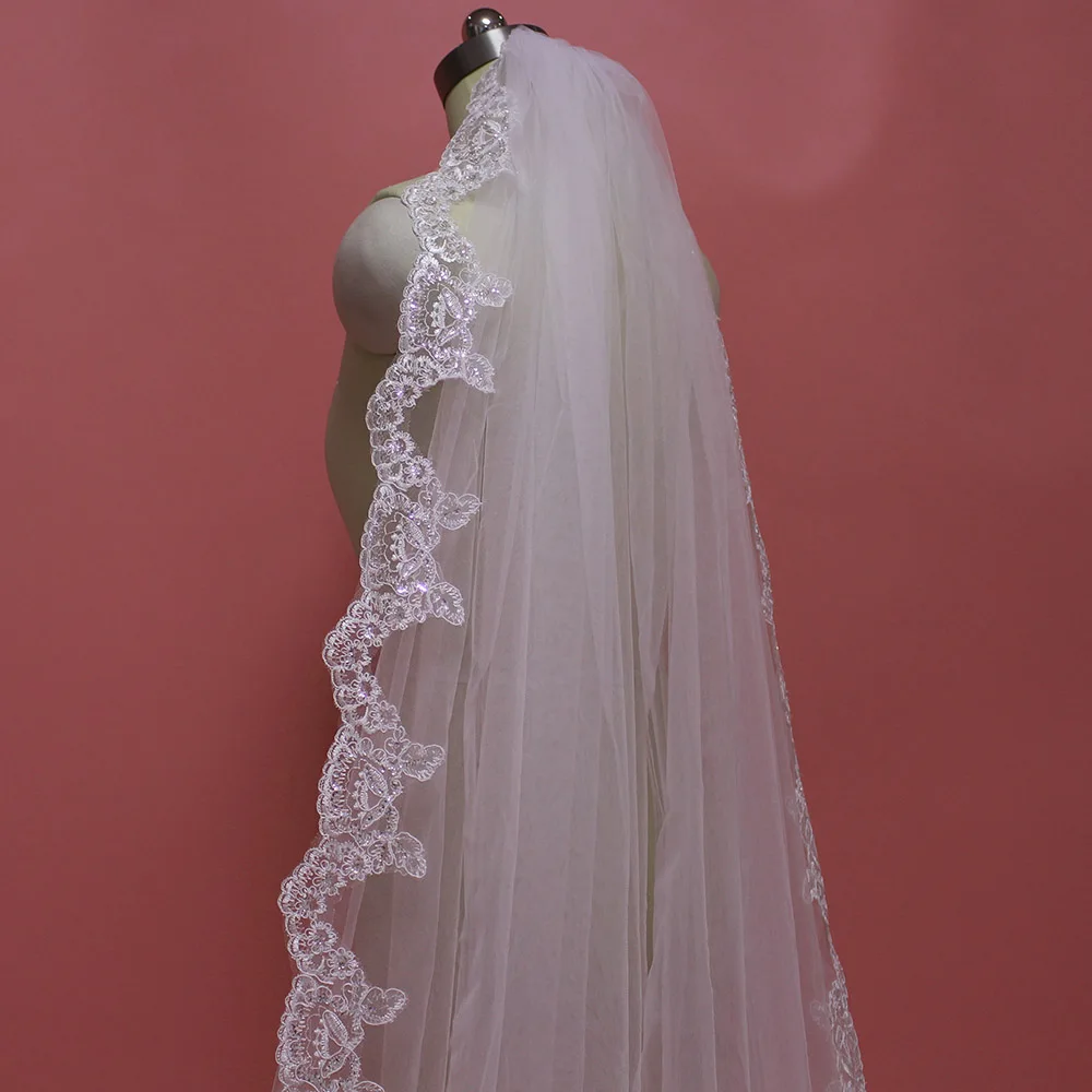 Высококачественная расшитая блестками кружевная свадебная вуаль длиной 4 метра