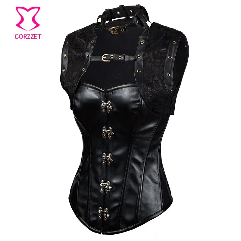 Черный кожаный женский сексуальный строгий корсет 6XL корсеты и бюстье костюмы