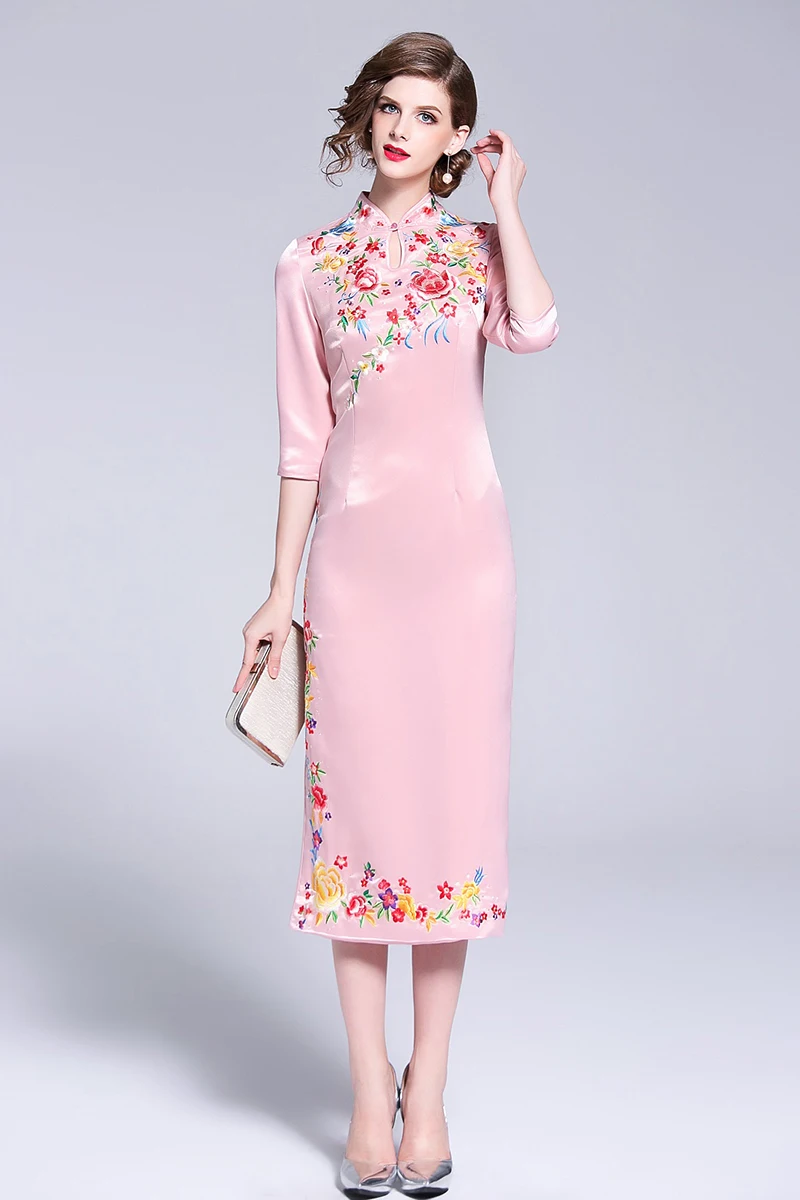 Китайский стиль Cheongsam вышивка Florals Женщины платье элегантный воротник-стойка Женский Тонкий платья осень голубой розовый