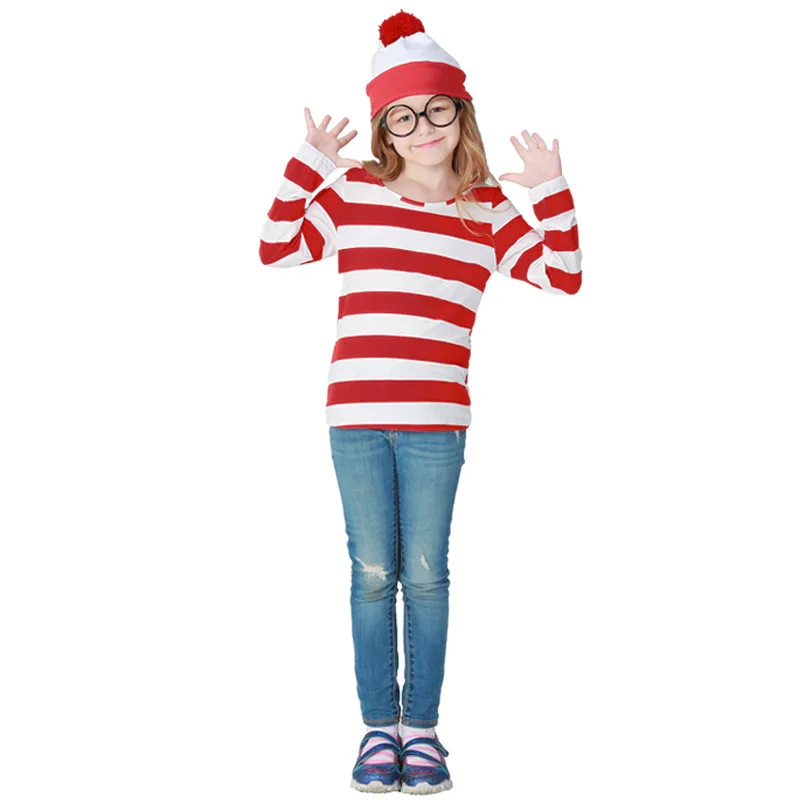 Костюм для косплея Wally Waldo Now красный и белый свитер + шапка очки Хэллоуина