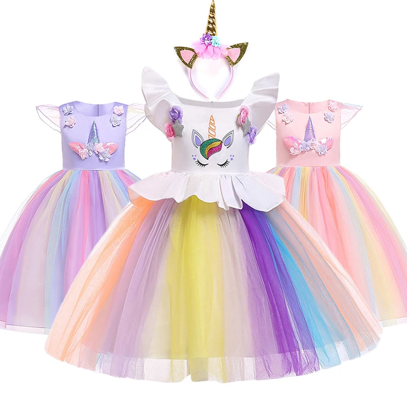 Multicolour Girls Cosplay Unicorn Dress Flying Sleeve Princess Girl Birthday Party Dresses Child Kids Halloween Costume | Детская одежда
