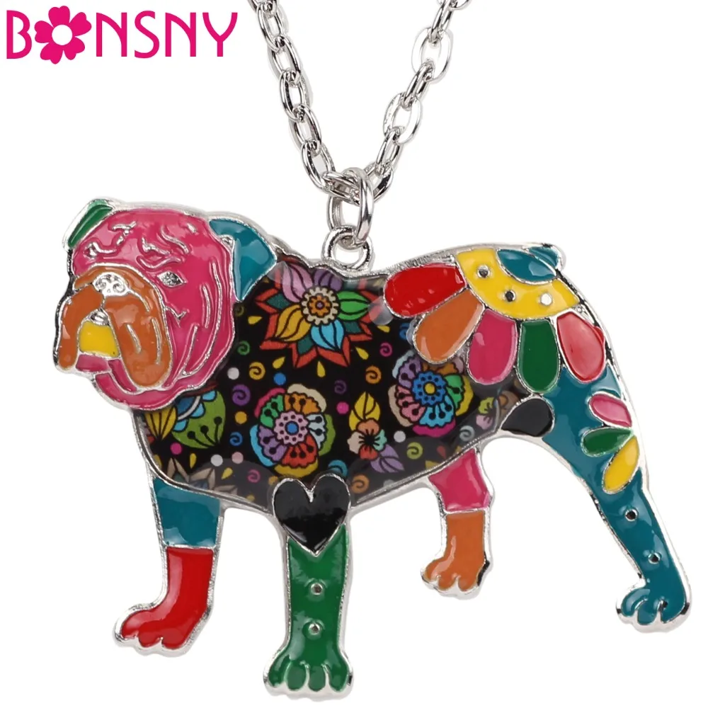 

Bonsny Statement Enamel Alloy English Bulldog Dog Necklaces Pendants Chain Unique Animal Jewelry For Women Girls Pet Lovers Gift