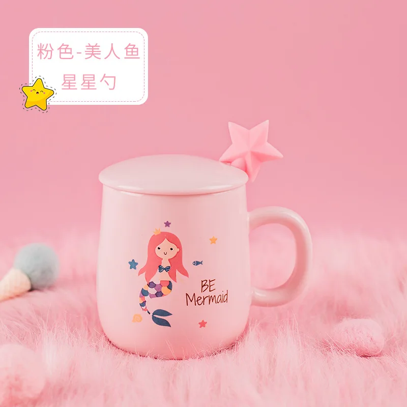 Mermaid spoon pink Единорог русалка кофейная кружка с крышкой 3D ложка керамическая чайная чашка для воды подарок для женщин девочек розовый 400 мл - Цвет: Mermaid spoon pink