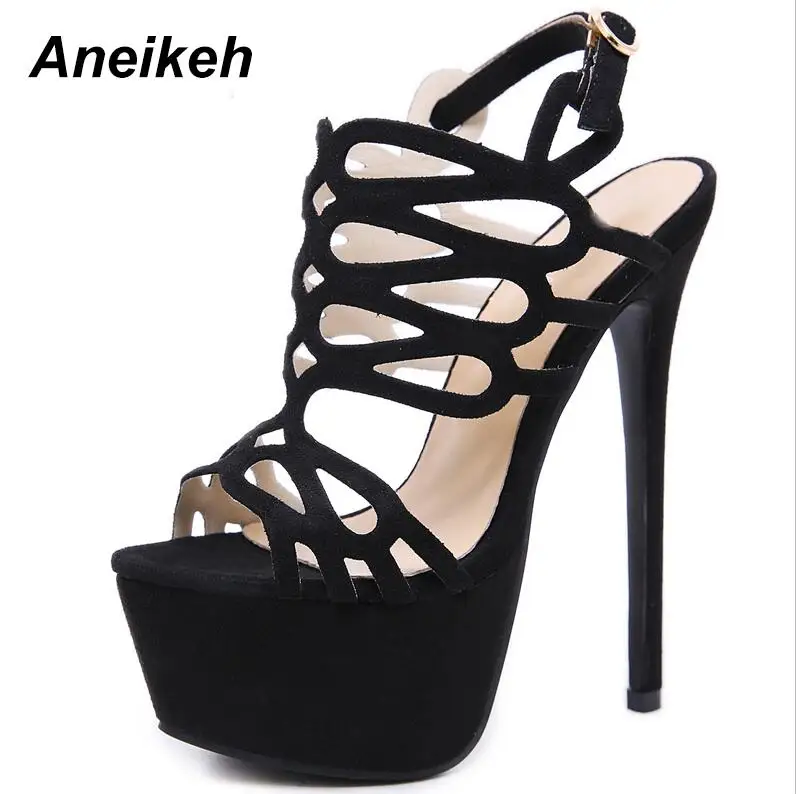 Black Aneikeh/; Летние босоножки на платформе; пикантные женские босоножки на высоком каблуке 16 см; Туфли-гладиаторы из флока с открытым носком для ночного клуба; большие размеры 34-40 - Цвет: Black