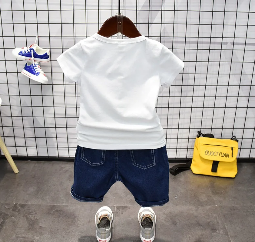 2019 Summer Children kid's boy fashion casual Hip hop man patch print short sleeve t-shirt +Denim shorts 2 pcs Clothes Set C2367 |