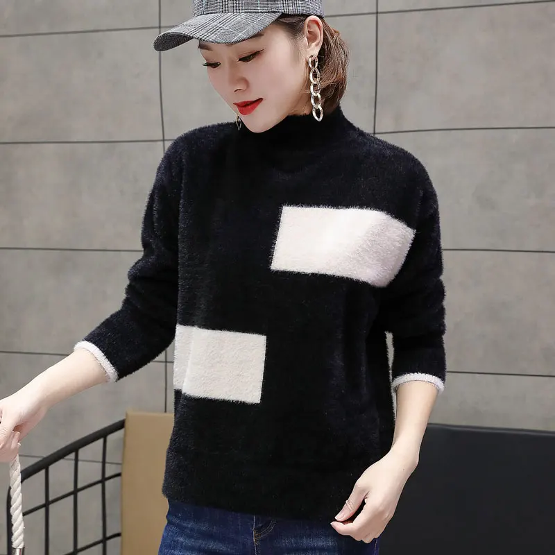 2018 New Women's Sweater Lose Wool Imitation Mink Cashmere Turtleneck Long Sleeve Pullover Knitted Female Winter | Женская одежда