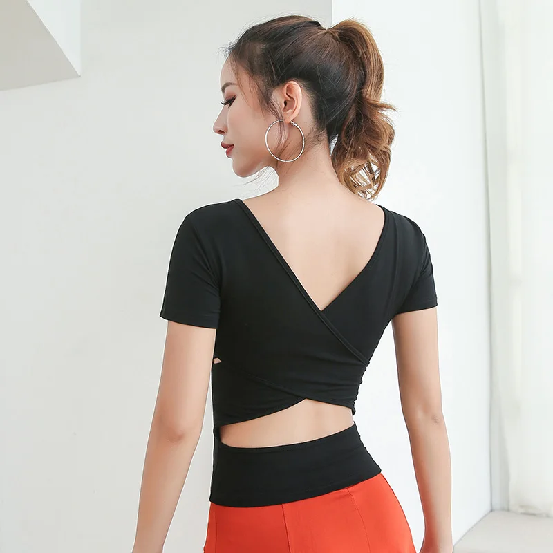 Latin Dance Tops Ladies Short Sleeve Crossed Back Adults Salsa Tango Dancing Clothing Practice Performance Dance Wear PY060