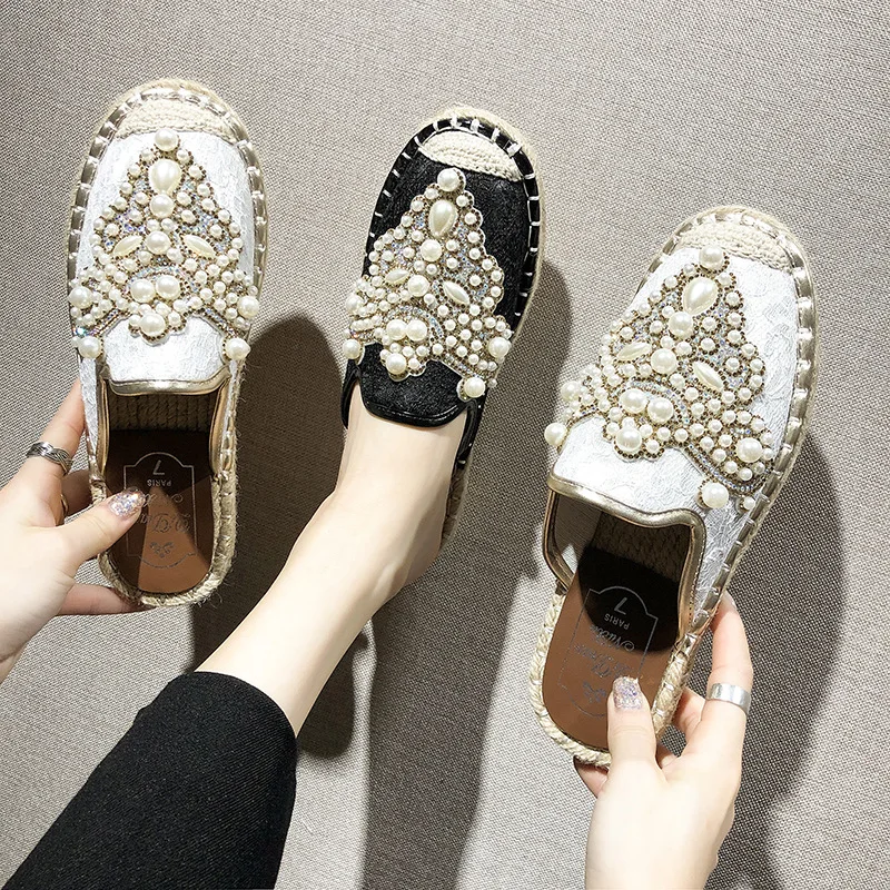 Шлепанцы женские с кристаллами дышащие сетчатые плоская подошва бисер модные