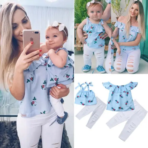 2019 Family Match Clothing Set Mother Daughter Women Kids Floral Striped Top Long Pants Summer Clothes | Мать и ребенок