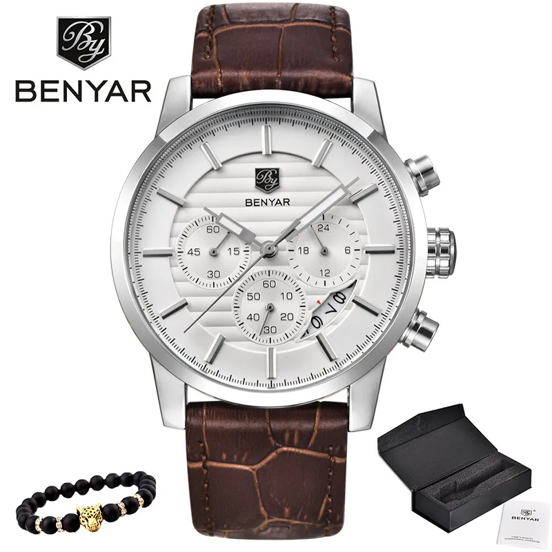 5104-Silver white BENYAR Топ бренд Роскошные мужские часы Повседневная мода Хронограф Спортивные военные кварцевые наручные часы Relogio Masculino - Цвет: 5104-Silver white