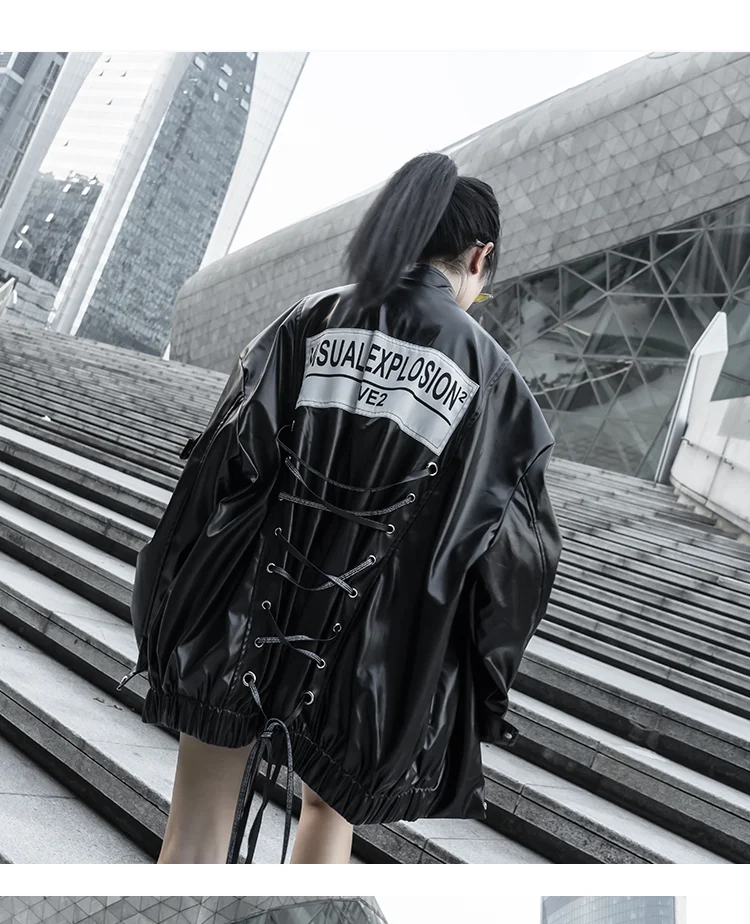 Silver Black PU Leather Jacket Men's Hip Hop Fashion Oversized Leather Jacket Coat Male Women Multi-pockets Lace Up Jackets