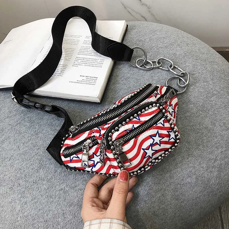 Bead Red Waist Pack ZDARLBO полосатая холщовая женская сумка через плечо с рисунком пентаграммы Bananka, Женская поясная сумка с цепочкой и бусинами, поясная сумка, нагрудная сумка - Цвет: Bead Red Waist Pack