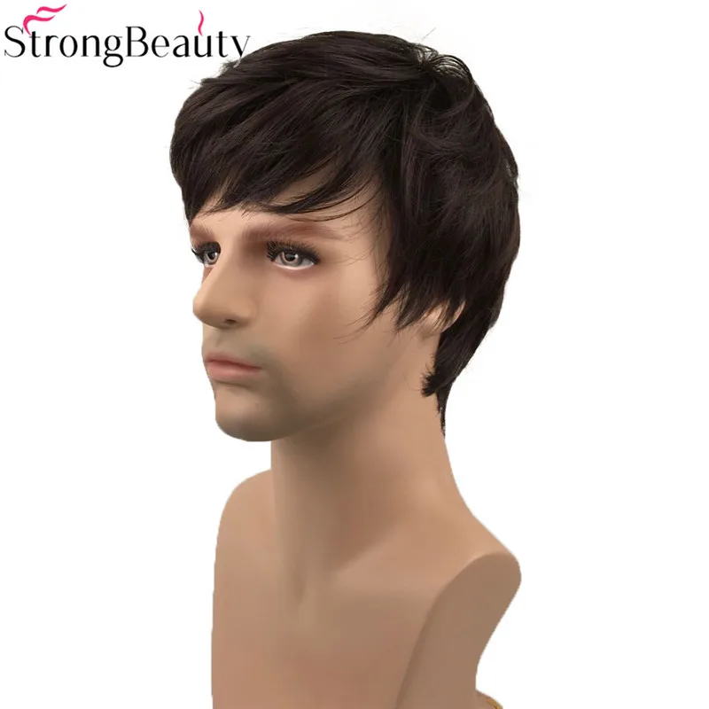 StrongBeauty короткие прямые синтетические мужские парики натуральный черный полный термостойкий монолитный парик