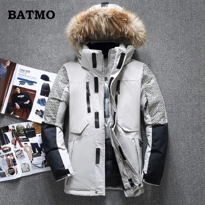 Мужская теплая куртка Batmo на белом утином пуху с воротником из меха енота и