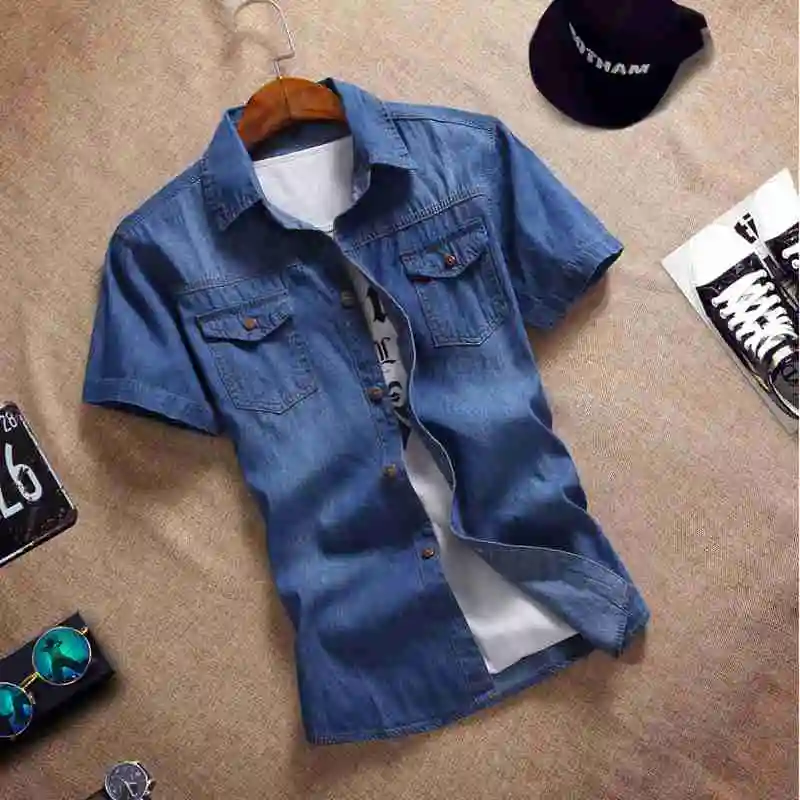 2302, летние повседневные мужские рубашки, облегающие, Camisa, джинсы, модные, короткий рукав, Chemise Homme, рваные, джинсовые рубашки, мужские M-3XL - Цвет: dark blue