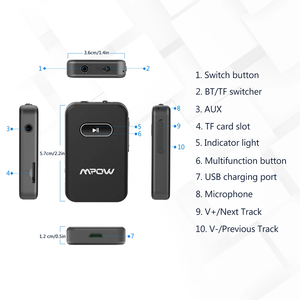 Mpow BH182 Bluetooth адаптер Bluetooth 4,0 приемник Поддержка TF карты с 8H воспроизведения шумоподавления микрофон громкой связи для автомобильного аудио