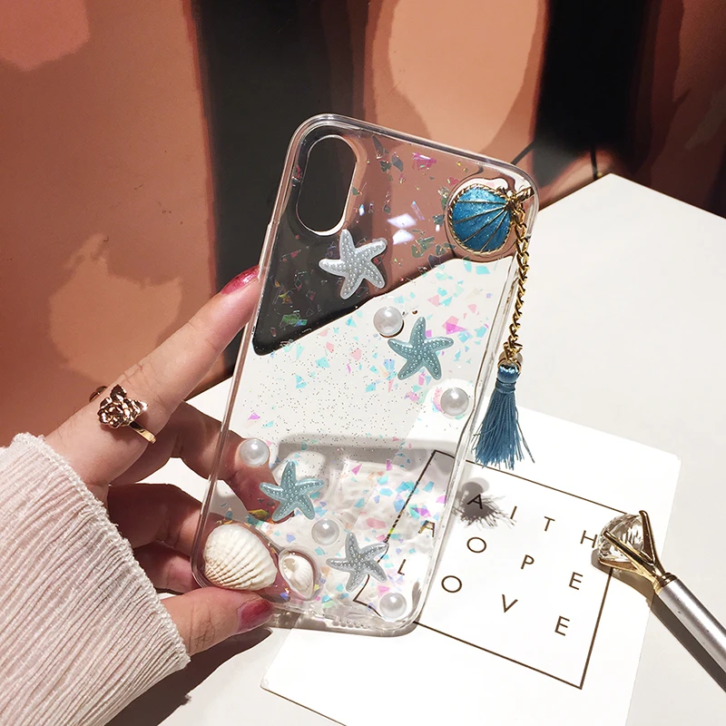 Phone Case for XS MAX XR 6Plus 7Plus Pearls Conch Shell Tassels Soft Silicon Clear iphone 6 6S 7 8 X Plus Coque |