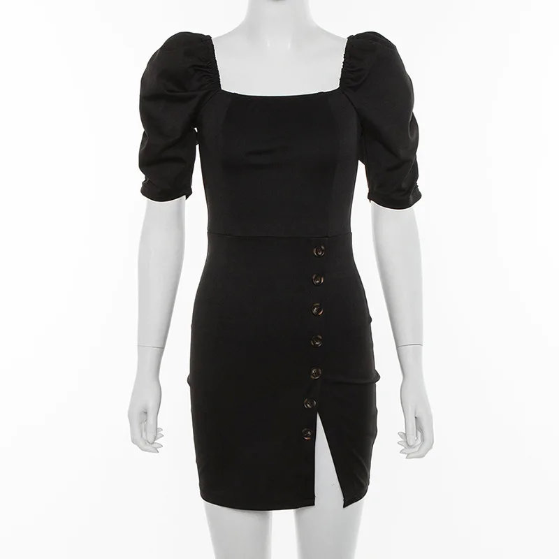 

BONJEAN Black Sheath Dress for Women 2019 Short Sleeve Button Decoration Summer Dress Slash Neck Mini Dresses Robe Femme BJ1356
