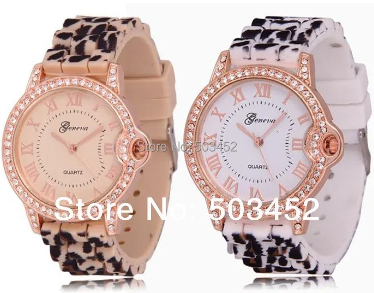 100 шт./лот силиконовые часы с леопардовым принтом хрустальные из розового золота