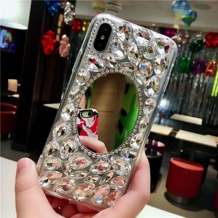 Креативные Rhinestone задняя крышка-чехол для телефона с зеркалом для макияжа для серебро iPhone легко надевается и снимается