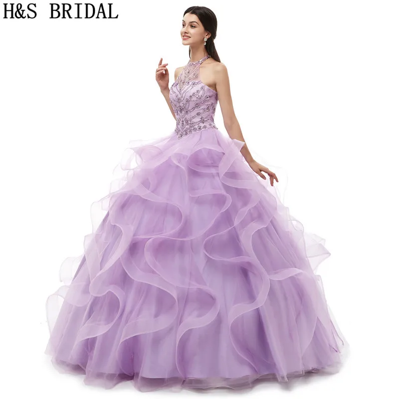 H & S/свадебное платье с лямкой на шее Сиреневое бисером бальное vestidos de 15 anos quinceanera