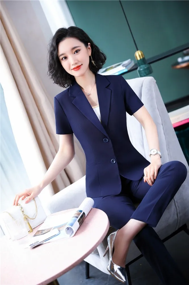 Новинка темно синий деловой костюм OL для женщин с брюками и топами летние дамские