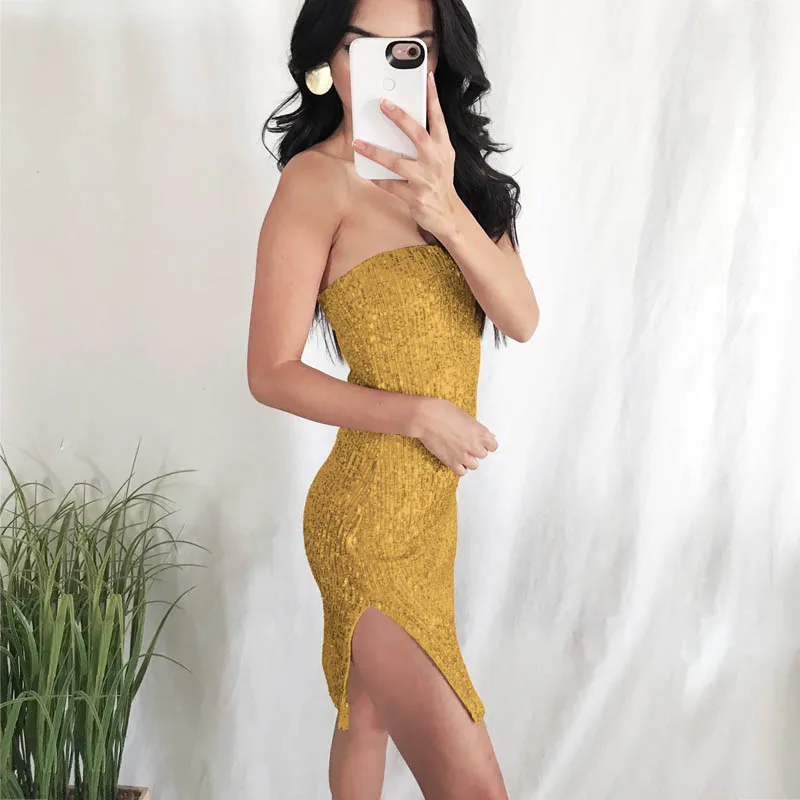 Женское платье с открытой спиной ELSVIOS летнее блестящее мини и блестками без бретелек разрезом сбоку|Женские