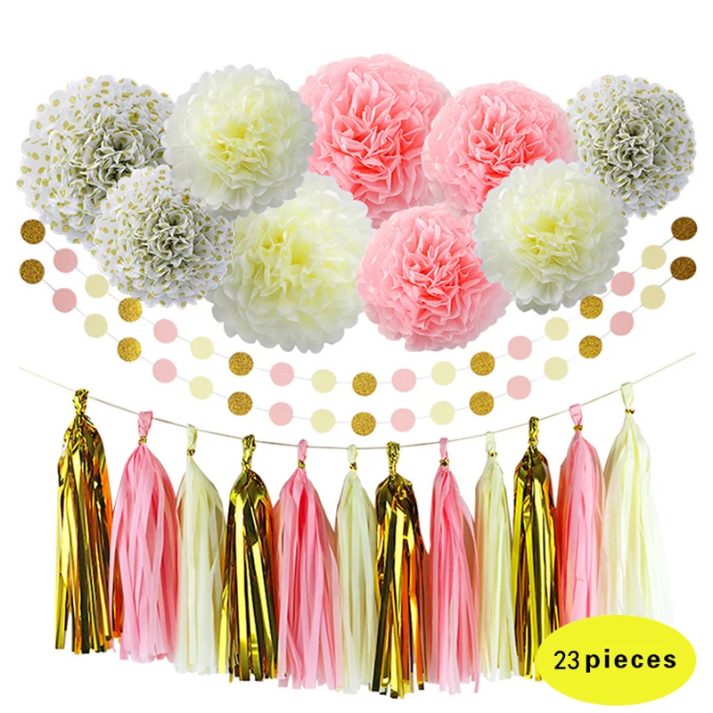

HAOCHU 23pcs/set Colorful Hanging Paper Garlands Floral String Tissue Paper Pom Pom for Wedding Party Home Decoration
