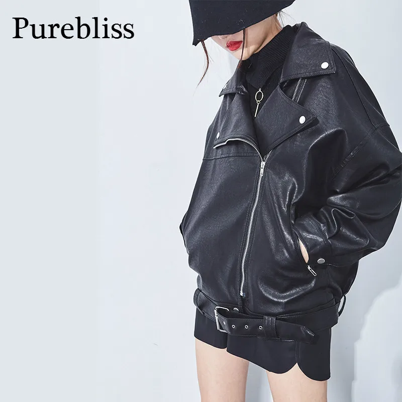 Purebliss 2017 на осень-зиму огромный парень pu кожаная куртка женская strtwear | Женская