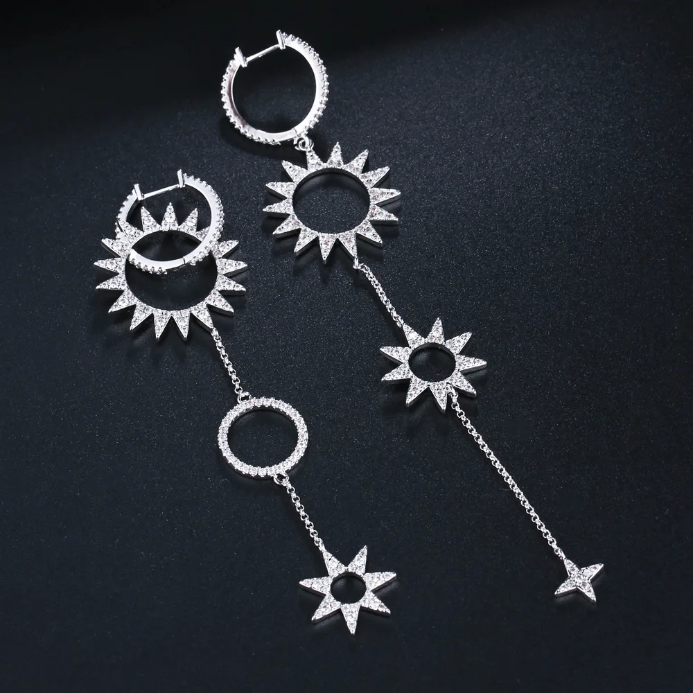 UNGODLY Luxury Sunflower Earrings Cubic Zirconia Star Gear Asymmetry Tassel Earring Set Fashion Gold Color Women Jewelry Gift | Украшения и