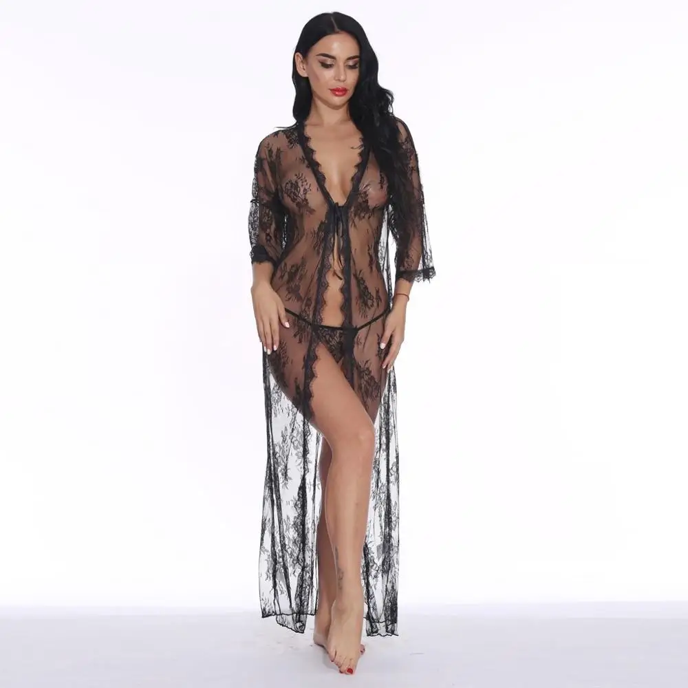 Черный Женское Сексуальное белье Babydoll, эротический халат, ночная Пижама с тонкими прозрачными длинными рукавами, кружевное ночное белье, ночной кардиган, Халат - Цвет: Черный
